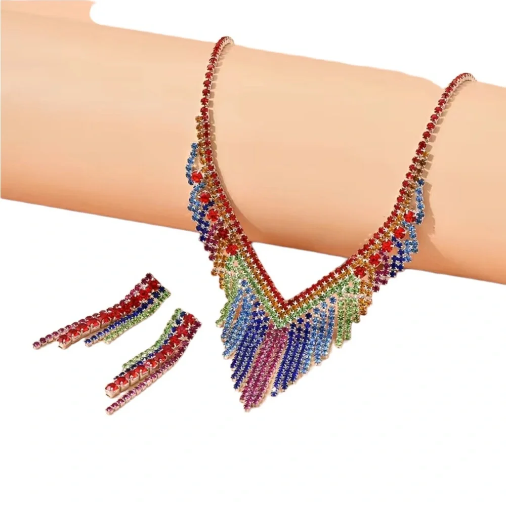 Colorful Rhinestone Earrings and Necklace Matching Set